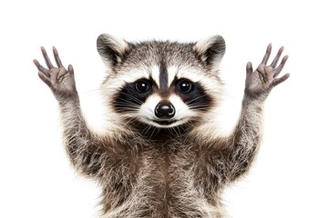 Fototapeta premium Portrait of a funny raccoon showing a rock gesture isolated on white background