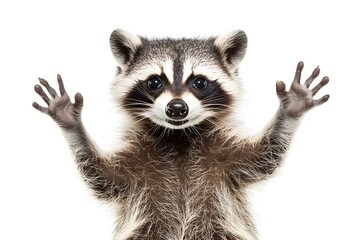 Obraz premium Portrait of a funny raccoon showing a rock gesture isolated on white background