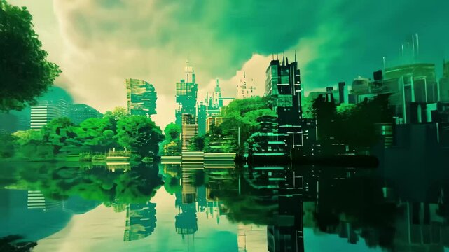 Exploring an inverted reality in a pixelated dreamscape with lush greenery and reflections at twilight, where digital distortion meets serene natural beauty