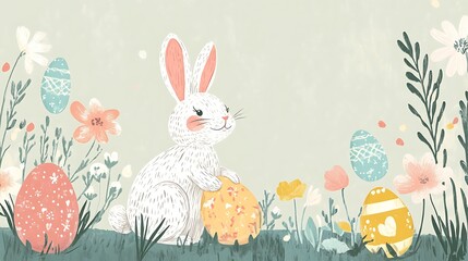 Obraz premium Easter Bunny with Eggs, and Spring Flowers.