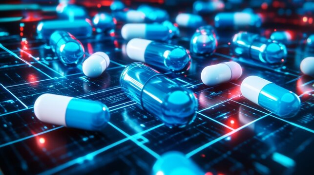Blue and white pill inside immersive interface over blue red background with atomic grid. Concept of hi tech in medicine. 3d rendering toned image