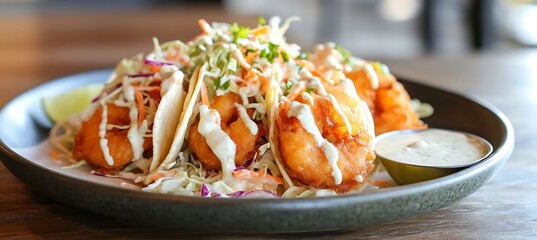 A plate of crunchy fried shrimp tacos with cabbage slaw and a drizzle of lime crema