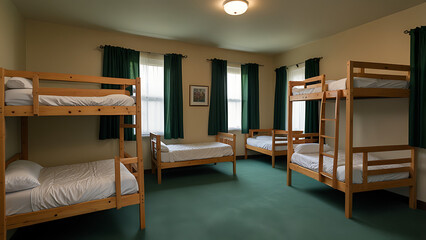 Four wooden bunk beds arranged in a bright, spacious room with green curtains and carpet, designed for shared accommodation.

