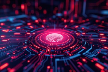 Digital fingerprint authentication interface with glowing circuits on a dark background. Futuristic concept of cybersecurity, biometric ID, and data protection. Ai generative