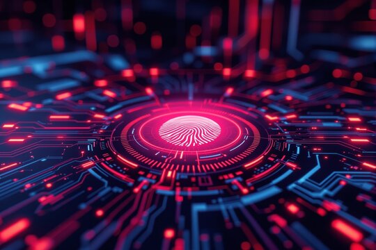 Digital fingerprint authentication interface with glowing circuits on a dark background. Futuristic concept of cybersecurity, biometric ID, and data protection. Ai generative