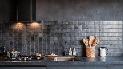 Close up of kitchen counter with built in sink and stove and jar with wooden spoons standing in room with dark gray tile walls. 3d rendering