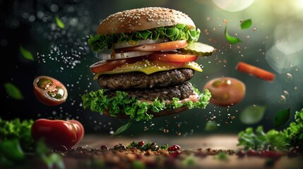 Juicy Double-Cheeseburger in Flight