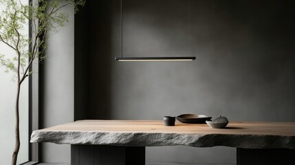 Modern minimalist pendant light over a rustic wooden table.  A simple, sleek design with a dark finish