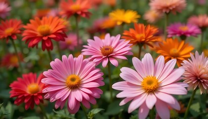 Obraz premium Close up shot showcasing a vibrant field of colorful daisy flowers in full bloom, creating a lively floral display in natural light, perfect for spring and summer themes