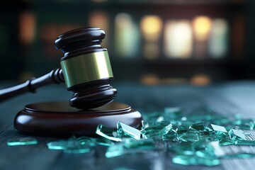 Gavel and shattered glass symbolize broken law or trust