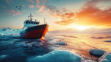 Naklejka premium A vibrant sunset casts warm hues over an icebreaker ship navigating through icy waters in a serene Arctic landscape