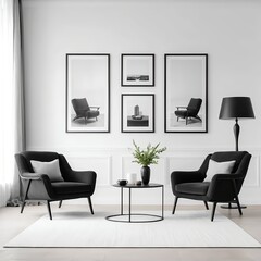 Modern Minimalist Living Room Interior with Black Armchairs