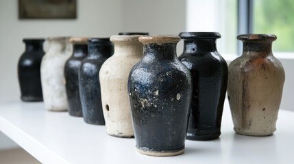 Row of vintage ceramic vases in various colors and textures