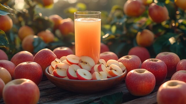 Freshly squeezed apple juice with sliced apples