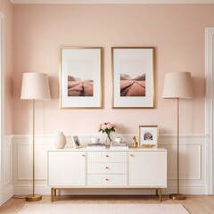 Modern Living Room Interior with Blush Pink Walls and Gold Accents