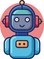 Fototapeta premium Flat Illustration of Friendly Robot with Red Background, A cheerful flat design illustration of a smiling robot, set against a red background, symbolizing friendly technology and digital assistance. 