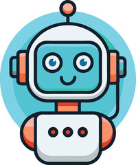 Flat Illustration of Happy Robot with Headset, A friendly flat design illustration of a smiling robot with a headset, representing technology and digital assistance.
