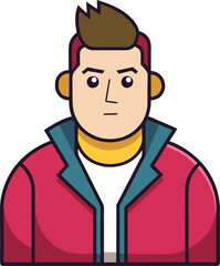 Flat Illustration of Man in Red Jacket, A flat design illustration of a man wearing a red jacket with a yellow shirt, representing boldness and style.
