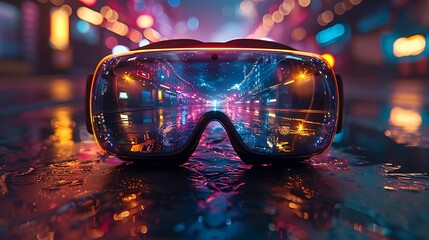 Futuristic virtual reality glasses resting on a wet street, reflecting vibrant city lights at night