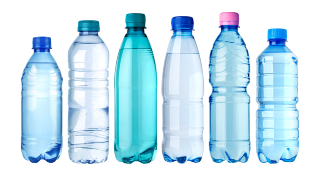 Different plastic water bottles showing variety of sizes and shapes