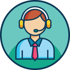 Illustration of Call Center Agent with Headset, A cartoon illustration of a call center agent wearing a headset and tie, symbolizing customer service and communication.
