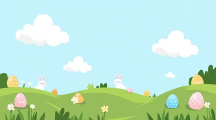  Easter cartoon landscape with blue sky, fluffy clouds, green grass, and hidden eggs in flat vector style. Cheerful bunnies peeking behind hills, pastel-colored flowers, and minimalist shapes create a