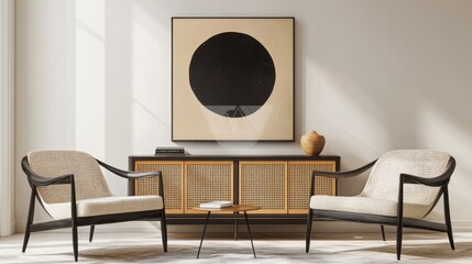 Stylish living room featuring chairs cabinet and circular wall art