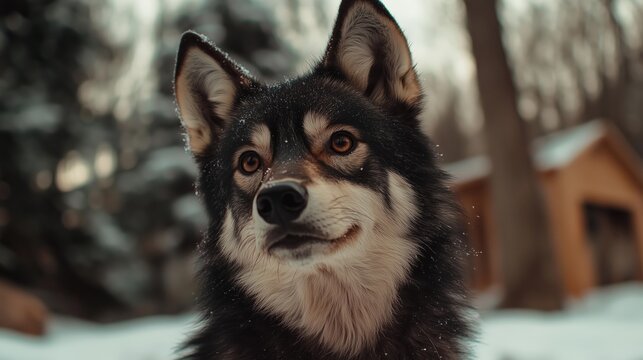 Loyal Gaze: A captivating portrait of a Husky mix dog, its intelligent eyes fixed on the viewer, set against a background of a snowy landscape, embodying loyalty and companionship.