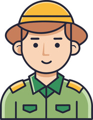 Illustration of Park Ranger with Yellow Hat and Green Shirt, A friendly illustration of a park ranger wearing a yellow hat and green shirt, symbolizing outdoor work and nature conservation.
