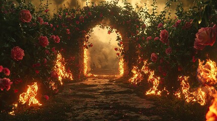 Fototapeta premium Rose covered archway engulfed in flames and billowing smoke