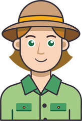Illustration of Park Ranger with Brown Hat and Green Shirt, A cheerful illustration of a park ranger wearing a brown hat and green shirt, symbolizing environmental protection and outdoor adventures.
