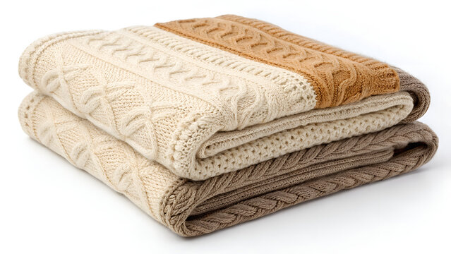 Cozy Knitted Blanket Neatly Folded, Isolated on a White Background, Clean and Modern Home Textile Stock Photo