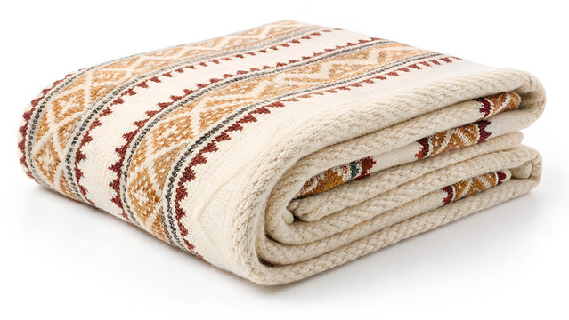 Cozy Knitted Blanket Neatly Folded, Isolated on a White Background, Clean and Modern Home Textile Stock Photo