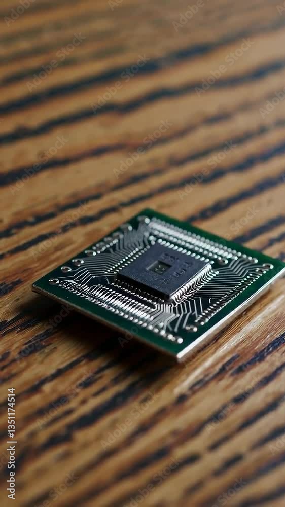 Poster Macro view of rotating microchip on wooden surface highlighting circuit details