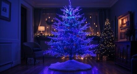 Christmas tree with glowing blue and purple lights in dark room