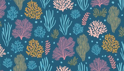 Corals and algae vector seamless pattern on blue background. Generated image