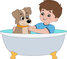 The boy is bathing his pet dog illustration
