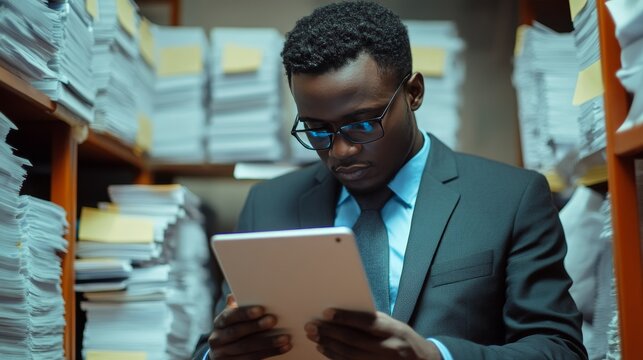Young African businessman with tablet using document management system DMS interface over blue background. Software for corporate files management, archivation, search. Business information processing