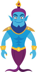 Cartoon Blue Genie with Golden Details, A vibrant cartoon genie with a blue body and golden accessories, representing magic, fantasy, and wishes.
