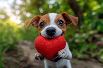 Marketing furry friend conceptual art. Cute jack russell terrier pooch with critter toy red heart on a walk in a spring garden. Jack russell terrier - my desired dog, symbol of friendship.