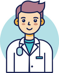 Cartoon Male Doctor with Stethoscope Illustration, A cheerful cartoon male doctor wearing a white coat, stethoscope, and a friendly smile, symbolizing healthcare professionals.
