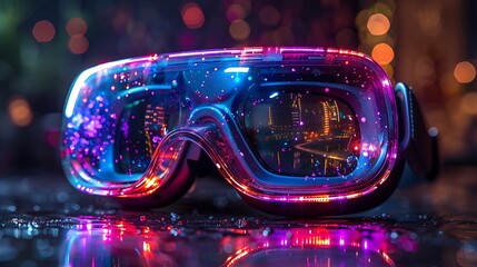 Colorful futuristic goggles with vibrant reflections in a dynamic, illuminated environment
