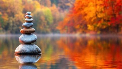 Obraz premium Stacked stones balanced in water with autumn trees behind them