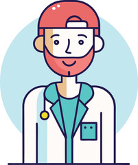 Cartoon Doctor with Beard and Cap Illustration, A friendly cartoon illustration of a male doctor with a beard, wearing scrubs, a cap, and a stethoscope.
