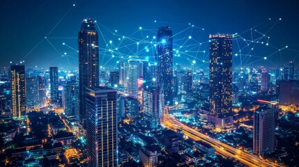 Bangkok skyscrapers with glowing rising arrow lines, internet of things icons hologram. Concept of smart city, futuristic technologies, global business network and economy