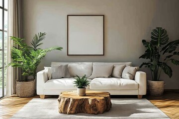 Bright and modern living room with neutral tones and greenery