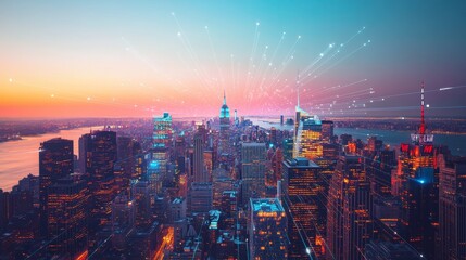 Fototapeta premium Immersive blurry network interface arrows over new York skyline cityscape. Concept of internet, communication and smart city