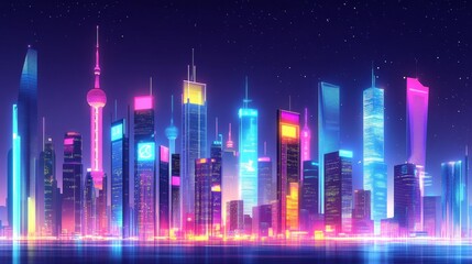 Glowing SME hologram icons, business growth, start up management and internet technology. Double exposure city skyscrapers at night. Concept of small and medium-sized enterprises and innovation