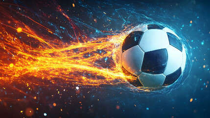 Dynamic soccer ball in motion with fiery trails, set against a vibrant blue background