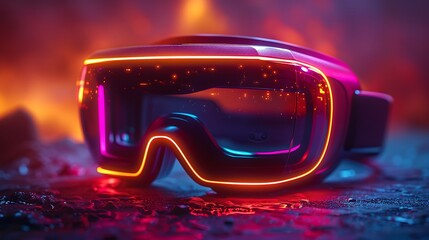 Futuristic virtual reality goggles glowing with neon lights, set against a dramatic, fiery background